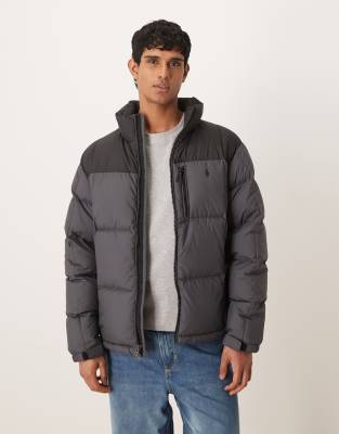 Polo - Puffer-Bomberjacke aus Ripstop in schwarz-grauem Farbblockdesign mit Markenlogo Schwarz M