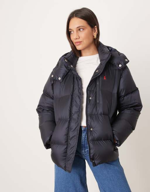 Polo Ralph Lauren – Pufferjacke in Marineblau mit Markenlogo und Kapuze