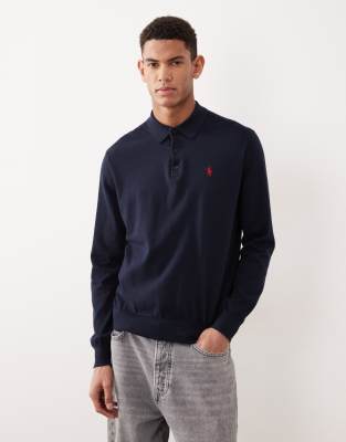 Polo Ralph Lauren - Pull en coton à col polo et logo emblématique - Bleu marine