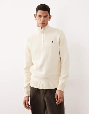 Polo Ralph Lauren - Pull en coton épais à col zippé et logo emblématique - Crème-Blanc