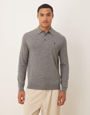 Polo Ralph Lauren - Pull en laine mérinos à col polo et logo - Gris chiné