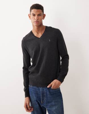 Polo Ralph Lauren - Pull en laine mérinos avec col V et logo emblématique - Anthracite chiné-Gris
