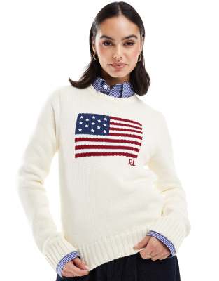 Polo - Pull en maille avec logo drapeau - Crème-Blanc S