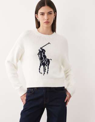 Polo - Pull en maille de coton avec grand motif joueur de polo - Blanc S