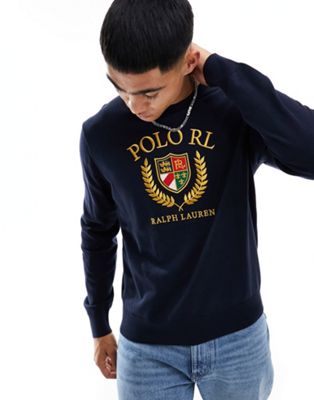 Polo Ralph Lauren crest logo heavyweight cotton knit jumper in navy - ASOS Price Checker