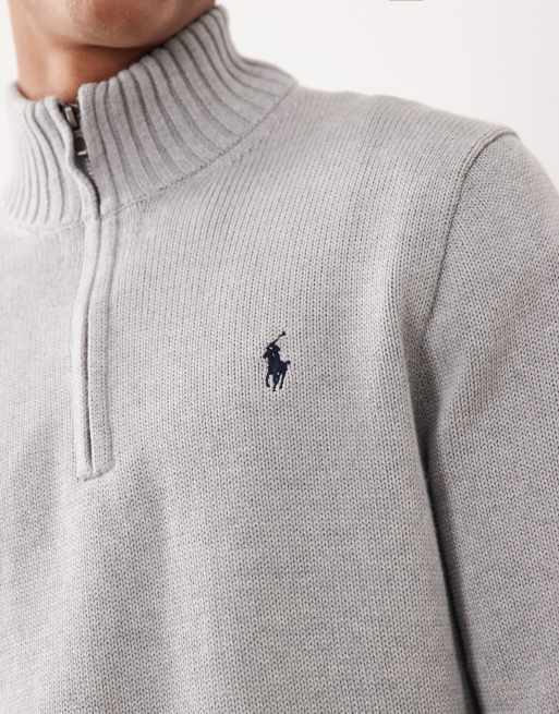 Polo Ralph Lauren - Pull en maille de coton épaisse avec logo emblématique et demi-fermeture éclair - Gris, 5 de 5