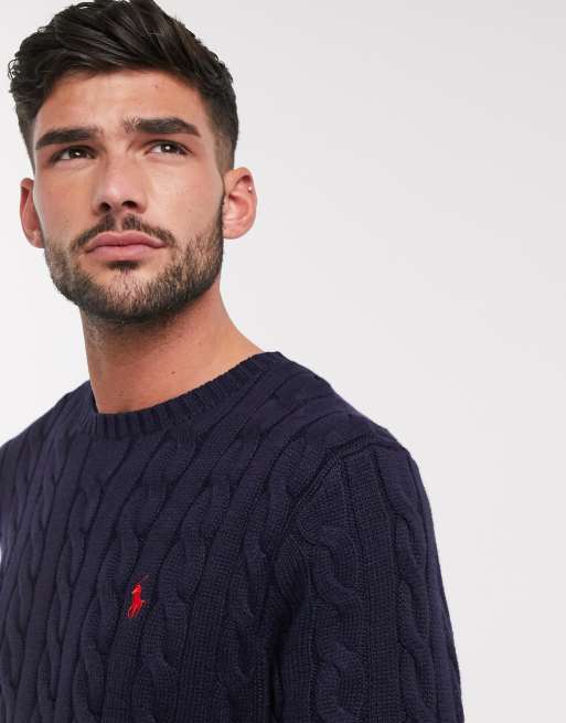 Polo Ralph Lauren Pull en maille de coton torsad avec logo joueur de polo Bleu marine