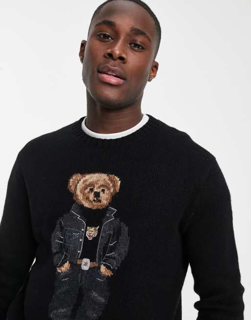 Polo Ralph Lauren Pull en maille de laine avec motif ours embl matique Noir