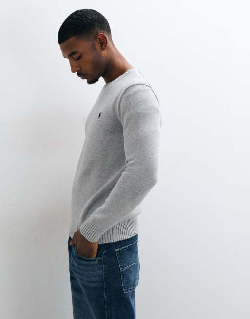 Polo Ralph Lauren pull en maille épaisse en coton avec logo icon gris, 5 de 5