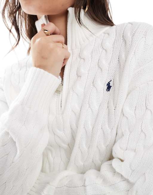 Polo Ralph Lauren - Pull en maille torsadée à col zippé et logo - Blanc, 3 de 4