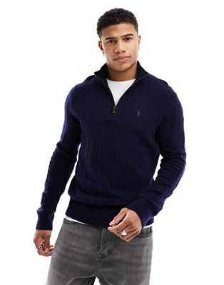Polo Ralph Lauren icon logo half zip cotton wool mix cable knit jumper in navy - ASOS Price Checker