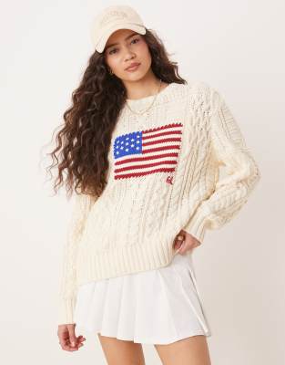 Polo Ralph Lauren - Pull en maille torsadée à logo drapeau - Crème-Blanc