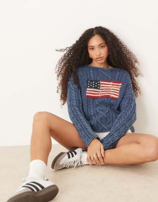 Polo Ralph Lauren - Pull en maille torsadée à motif drapeau - Bleu clair