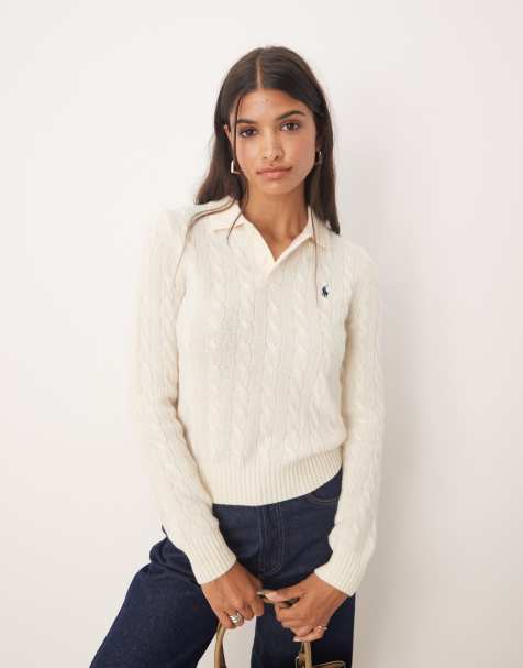 Polo Ralph Lauren - Pull en maille torsadée avec col - Crème - view 1