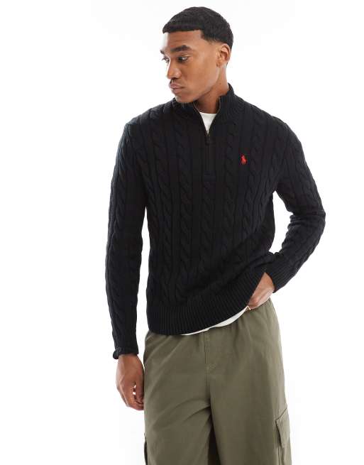 Polo Ralph Lauren Pull en maille torsad e de coton fermeture clair et logo embl matique Noir