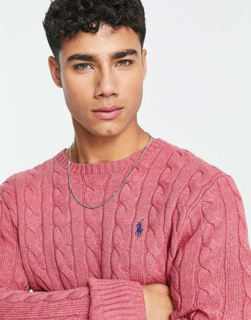 Polo Ralph Lauren Pull en maille torsad e de coton logo embl matique Rose chin