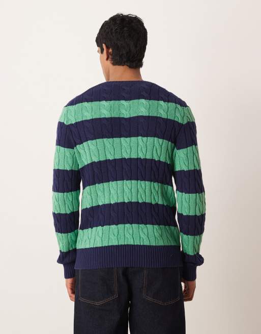 Polo Ralph Lauren - Pull rayé en maille torsadée à logo emblématique - Bleu marine et vert, 2 de 5