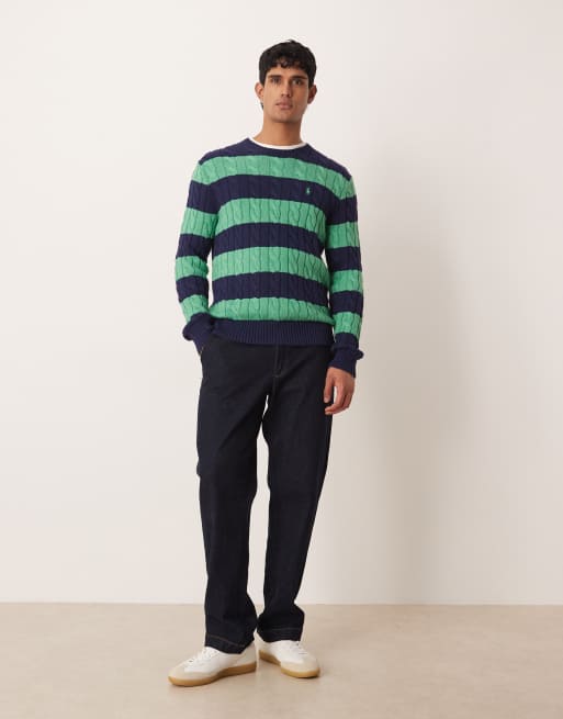 Polo Ralph Lauren - Pull rayé en maille torsadée à logo emblématique - Bleu marine et vert, 4 de 5