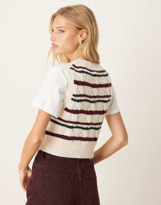 Polo Ralph Lauren - Pull sans manches en maille torsadée à rayures - Crème, 4 de 4