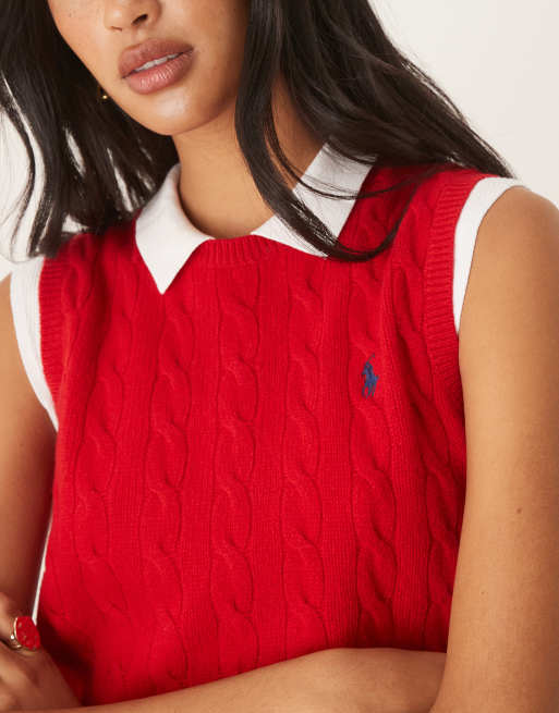 Polo Ralph Lauren - Pull sans manches en maille torsadée de laine mélangée - Rouge, 3 de 4