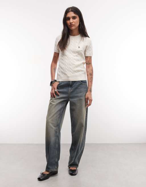 Polo Ralph Lauren pull slim en coton à torsades à manches courtes avec logo icon en crème, 2 de 4