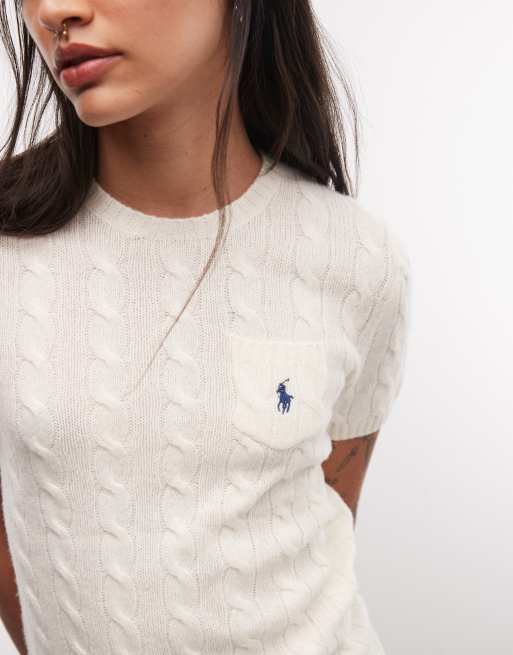 Polo Ralph Lauren pull slim en coton à torsades à manches courtes avec logo icon en crème, 3 de 4