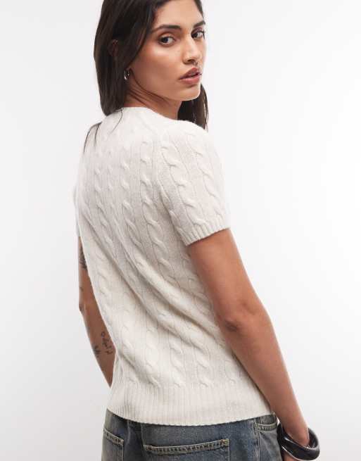 Polo Ralph Lauren pull slim en coton à torsades à manches courtes avec logo icon en crème, 4 de 4