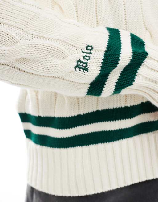 FASHION 7STAR Pull De Cricket à Manches Longues En Tricot Torsadé Pour Homme Avec Col En V Et Rayures Contrastées, Crème, S