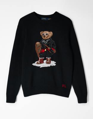 Polo Ralph Lauren - Pull unisexe en coton mélangé avec motif ours - Noir