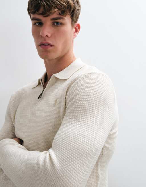 Polo Ralph Lauren pull zippé en maille gaufrée mérinos avec logo icon en blanc cassé, 2 de 5