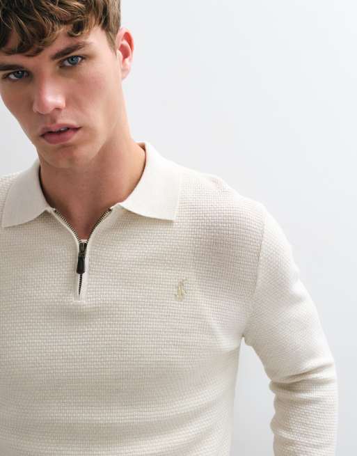 Polo Ralph Lauren pull zippé en maille gaufrée mérinos avec logo icon en blanc cassé, 5 de 5