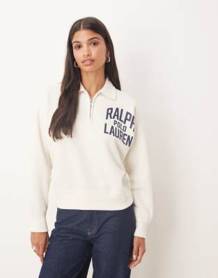 Polo Ralph Lauren - Pullover in Beige mit Logo und kurzem Reißverschluss-Grau