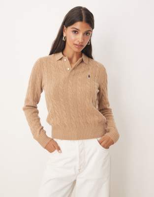 Polo Ralph Lauren - Pullover in Camel mit Kragen und Zopfmuster-Neutral