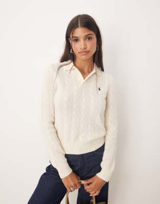 Polo Ralph Lauren - Pullover in Creme mit Kragen und Zopfmuster-Weiß