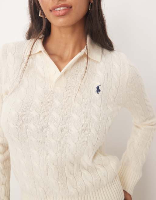 Polo Ralph Lauren – Pullover in Creme mit Kragen und Zopfmuster, 2 von 4