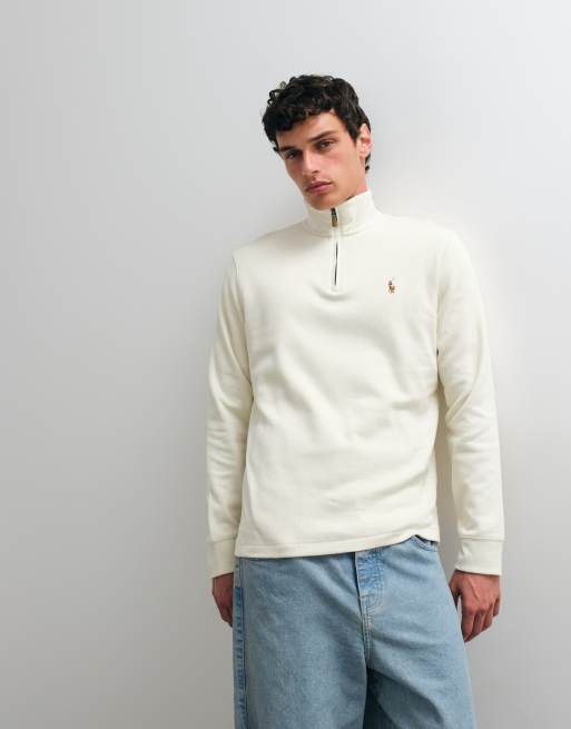 Polo Ralph Lauren Pullover mit Icon-Logo, Rippstruktur und Viertelreißverschluss in Wollweiß, 2 von 5