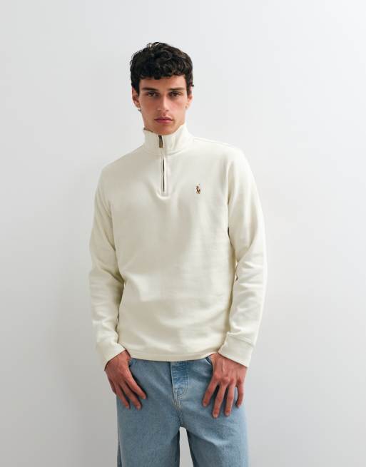 Polo Ralph Lauren Pullover mit Icon-Logo, Rippstruktur und Viertelreißverschluss in Wollweiß, 5 von 5