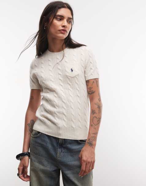 Polo Ralph Lauren Pullover mit Icon-Logo, Slim Fit, aus Baumwolle, mit Zopfmuster, kurzärmelig, in Cremeweiß - view 1