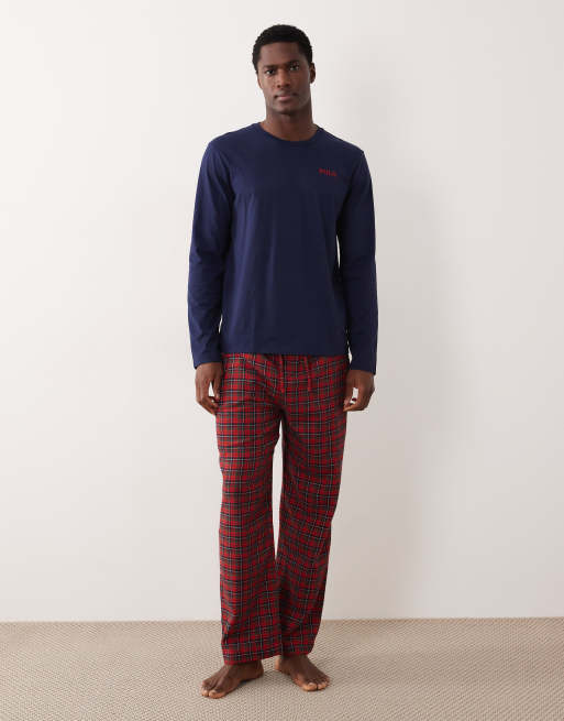 Polo Ralph Lauren - Pyjamaset met top met lange mouwen en logo en flanellen geruite pyjamabroek in marineblauw en rood