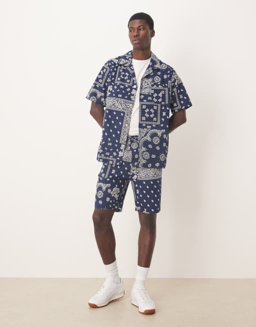 Polo Ralph Lauren - Pyjamaset van overhemd met korte mouwen en short met bandana-print in marineblauw