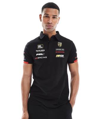 Polo Ralph Lauren racing logo chest and back print pique polo in black ...
