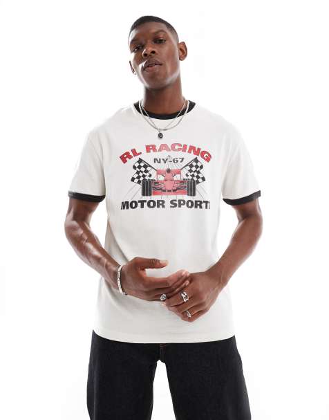 Polo Ralph Lauren racing logo print classic oversized fit ringer t-shirt in off white - view 1