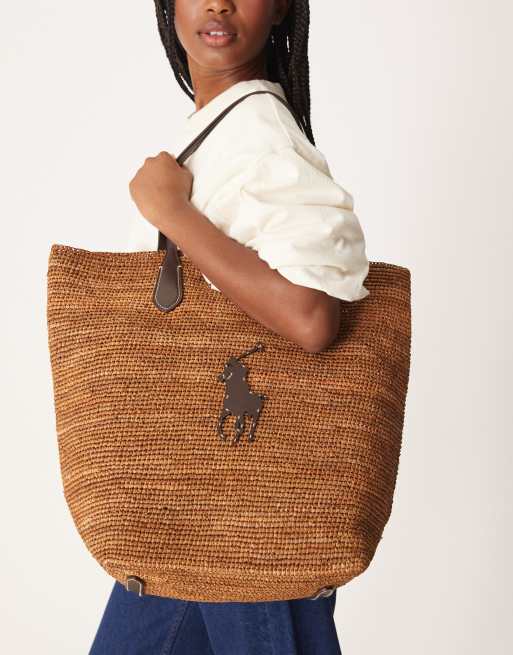 Polo Ralph Lauren raffia large tote bag in brown, 4 of 4