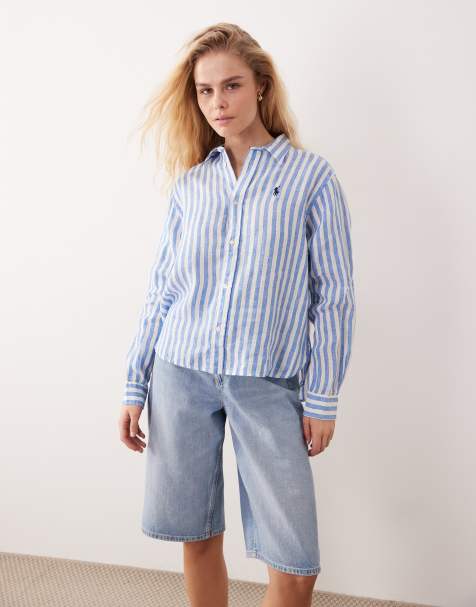 Polo Ralph Lauren - Rechte gestreept linnen overhemd met icoonlogo in blauw/wit - view 1