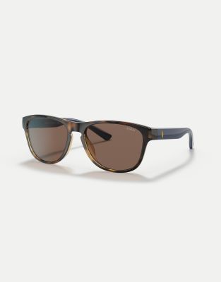 Polo Ralph Lauren - Rechteckige Sonnenbrille in glänzendem Havanna mit braunen Gläsern