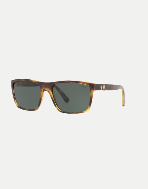 Polo Ralph Lauren – Rechteckige Sonnenbrille in glänzendem, transparentem Dunkel-Havanna mit grünen Gläsern - view 1