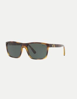 Polo Ralph Lauren Rectangle sunglasses with green lens in shiny transparent dark havana-Brown