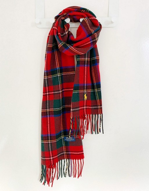 Polo Ralph Lauren recycled wool scarf in red tartan check with pony logo