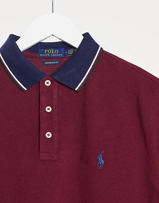 Polo Ralph Lauren regular fit polo shirt in burgundy with tipped collar |  ASOS