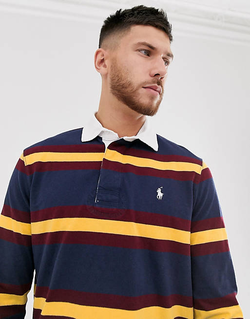 Polo Ralph Lauren regular fit rugby striped polo in navy with player logo |  ASOS